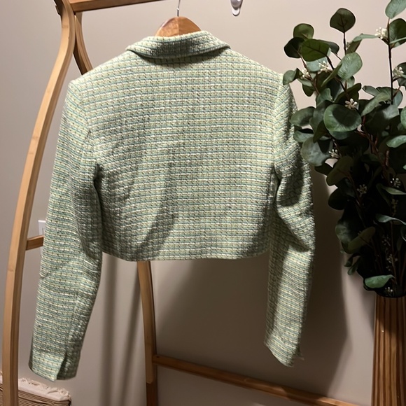 Zara Light Green Tweed Crop Blazer - Picture 3 of 4